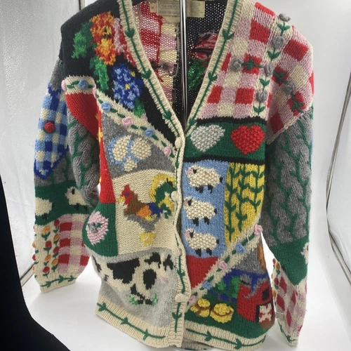 VTG The Eagle's Eye Women's 90s Farm Rooster Wool Knit Cardigan Sweater Sz M