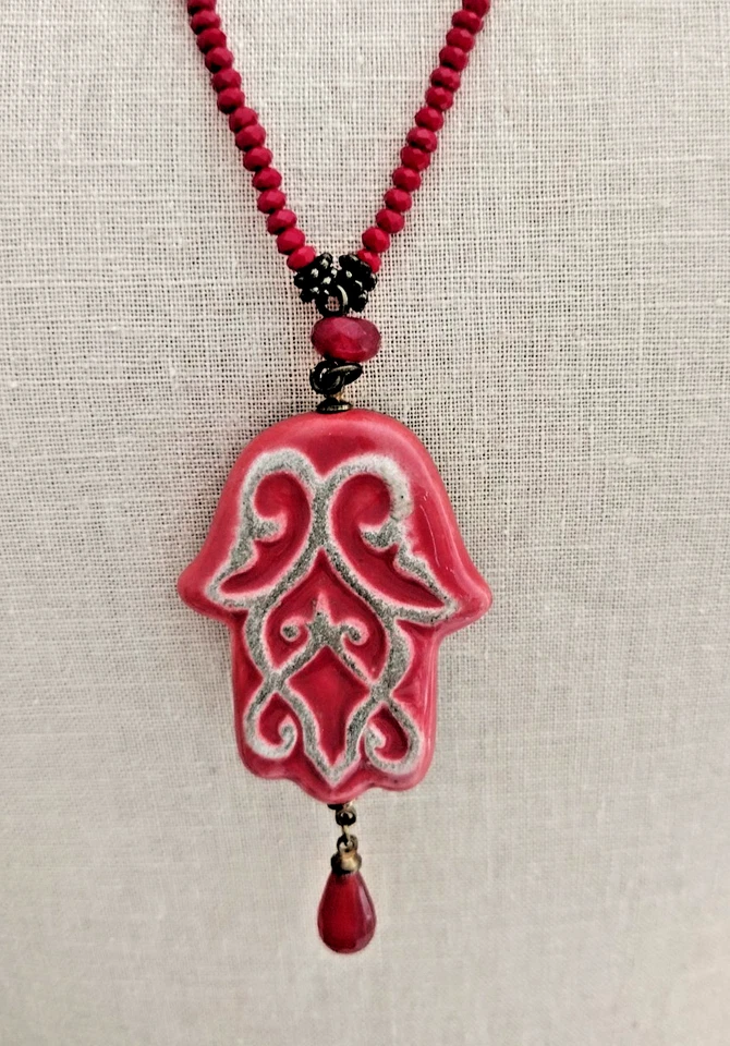 Collar de Cuentas Boho Color Vintage Nuevo de Lote Antiguo Pintado a Mano Hamsa Colgante Rojo Amarillo 22" Foto 2 de 4