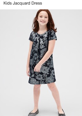 Gap Holiday Jacquard Dress Kids Girl Metallic Silver Navy Blue Size Medium /NWT