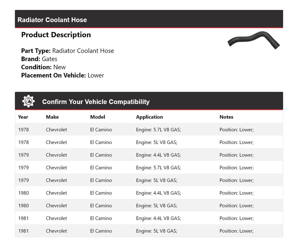 Manguera de refrigerante de radiador puertas inferiores 1979 1980 Chevrolet El Camino 1978-1981 Foto 2 de 4