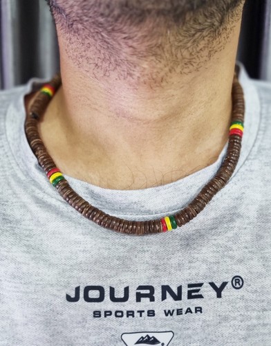 Reggae Rasta Coconut Beads Necklace Elastic Handmade Thailand Handmade Brown Red - Picture 3 of 17