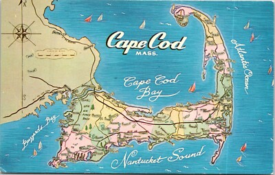 Cape Cod Massachusetts Map Chrome Postcard B71
