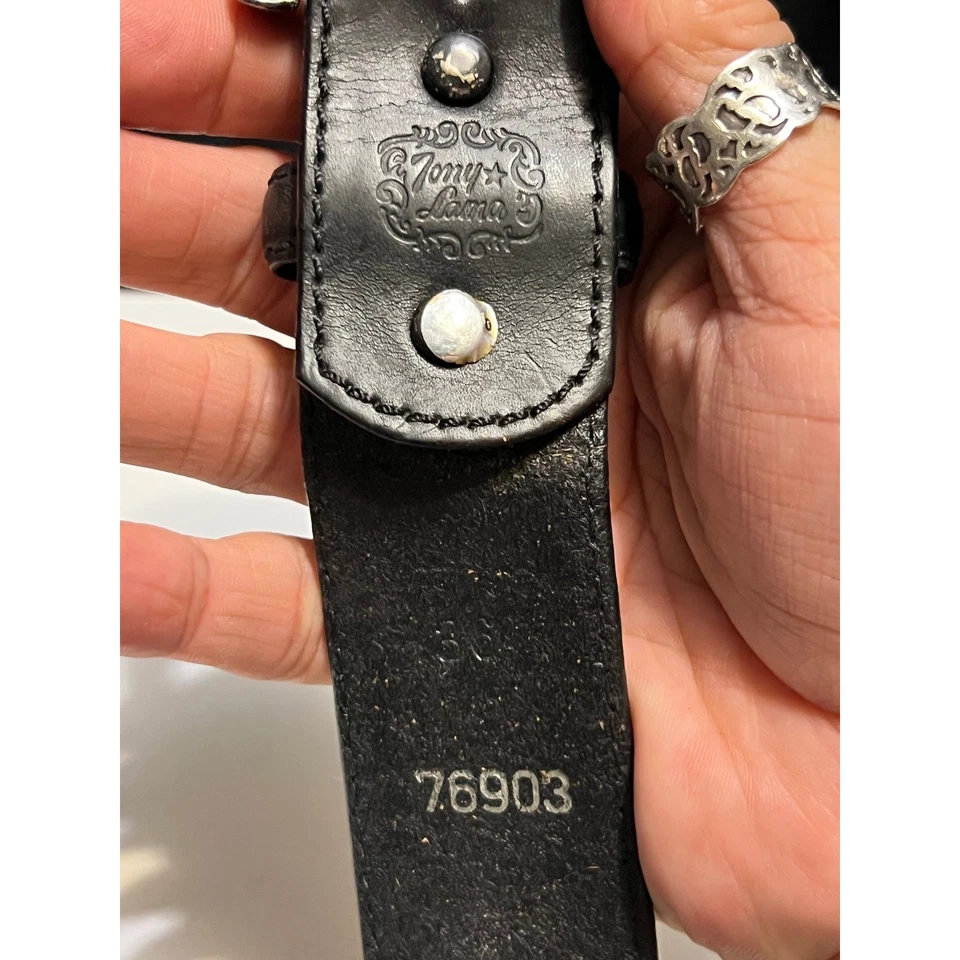 Tony Lama Western Black Leather Concho Belt 36 Silver Engraved Buckle - Image 4 of 4