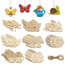 80PCS Wooden Spring Ornaments to Paint, 8 Styles DIY Blank Unfinished Wood Cu...