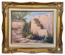Impressionist Painting Adobe House Building W Flowers Gold Framed Artist Signed