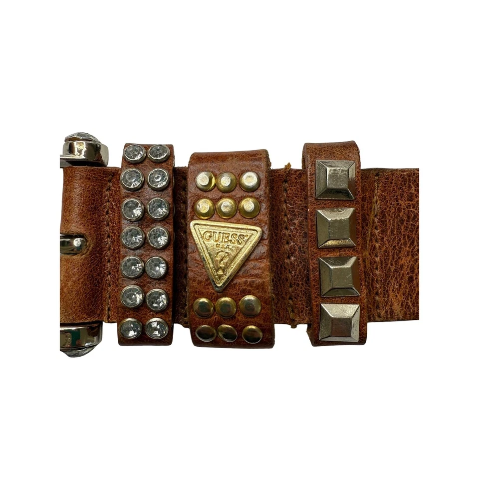 Guess Cinturón Cuero Marrón Talla 2XL Tachuelas Estrás Bling Y2K Retro Western Preppy Foto 2 de 4