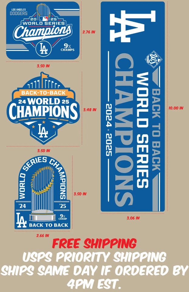 Dodgers Back to Back World Series Champs 2024 2025 Vinyl Stickers Set MLB