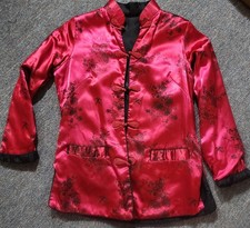 Vtg Reversible Chinese Satin Tang Jacket Peacock Emrbroidered Red/Blk