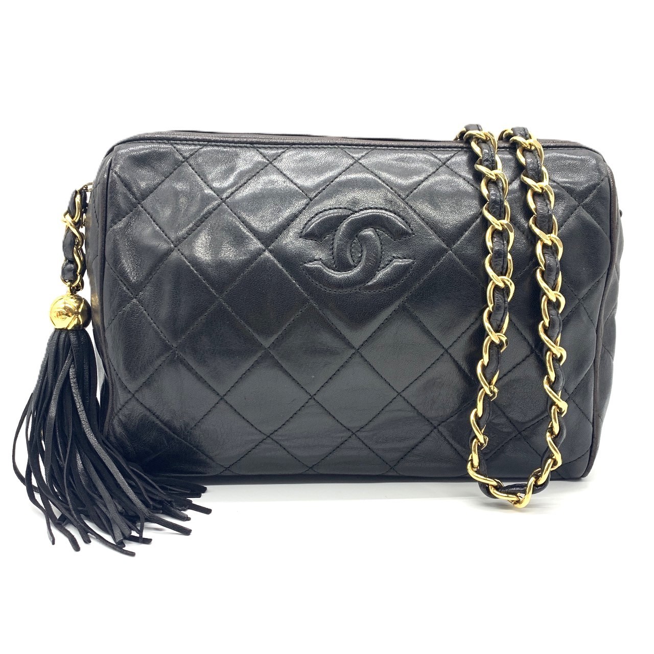 CHANEL Black Matelasse Leather Tassel Chain Shoulder Bag Rank B