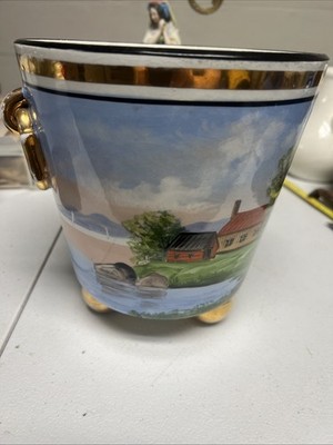 Antique 1900s Gustavsberg Swedish Swiss Cache Pot Vase Hand Painted Houses Lake