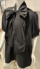 Black Bow Tie Mini Dress Large Loose Cotton Puff Sleeve Casual Y2K