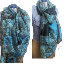 Mermaidcore Cashmere & Silk Scarf Shaw Wrap Fringe Extra Wide