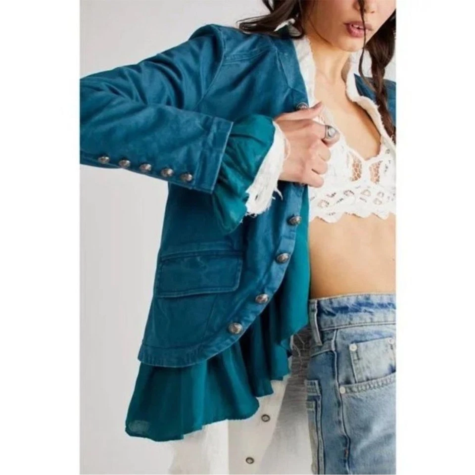 Free People Ruffles Romance Jacket in Teal Size Medium - image 2 of 4