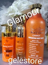 3pcs: final Glow exfoliating shower gel, smooth organic lotion & carrot serum