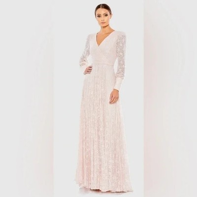 Mac Duggal Light Rose Pink Embellished Lace Long Sleeve Gown Size 22 $798