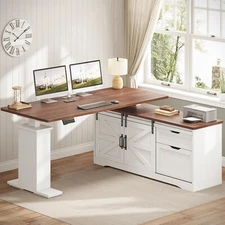 Farmhouse L Shaped Standing Desk,  Height Adjustable Corner Desk, Computer Desk