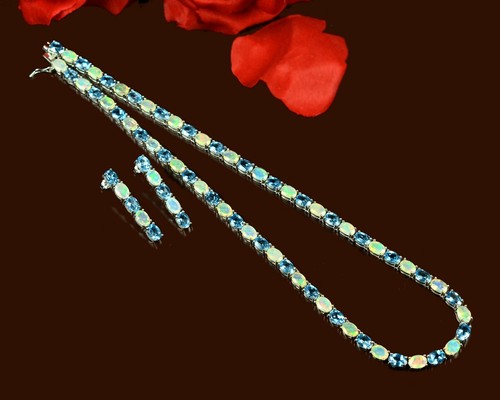 Natural Swiss Blue Topaz & Opal Gems 925 Solid Silver Tennis Necklace & Earring - Picture 3 of 4