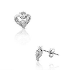 Sterling Silver White Crystals Heart Love Small Womens Girls Stud Earrings