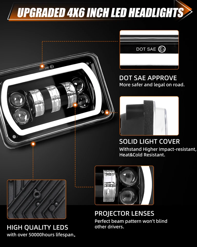 Faros LED 4x6'' 90W haz sellado alto-bajo para Peterbilt Kenworth T800 W900 4 un. Foto 3 de 4