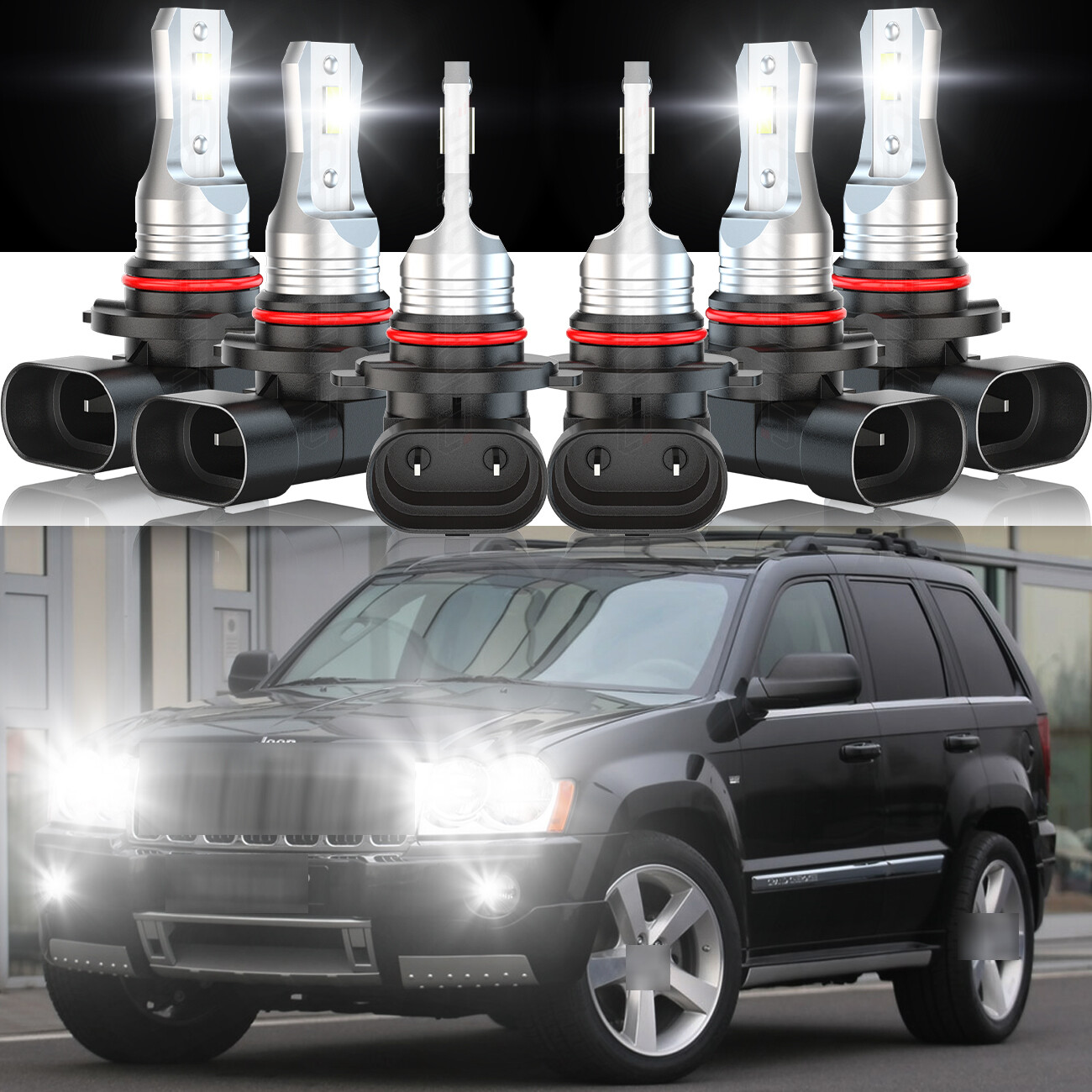 Car LED Headlight + Fog Lights Bulbs Combo 6000K For Jeep Grand Cherokee 2005-10