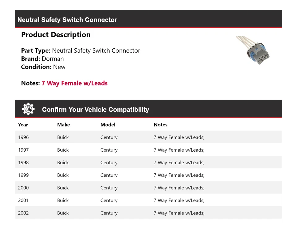 Conector interruptor de seguridad neutro para Buick Century Dorman 1996-2002 1997 1998 Foto 2 de 4