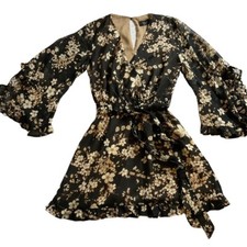 Vici Black Floral Dress Wrap Short Flutter Sleeve Sash Belt Womens Small