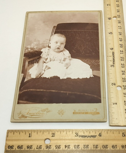 Antique Cabinet Card Baby In A Chair Holding A Bell Knowlton Studio Albia Iowa - Picture 2 of 3