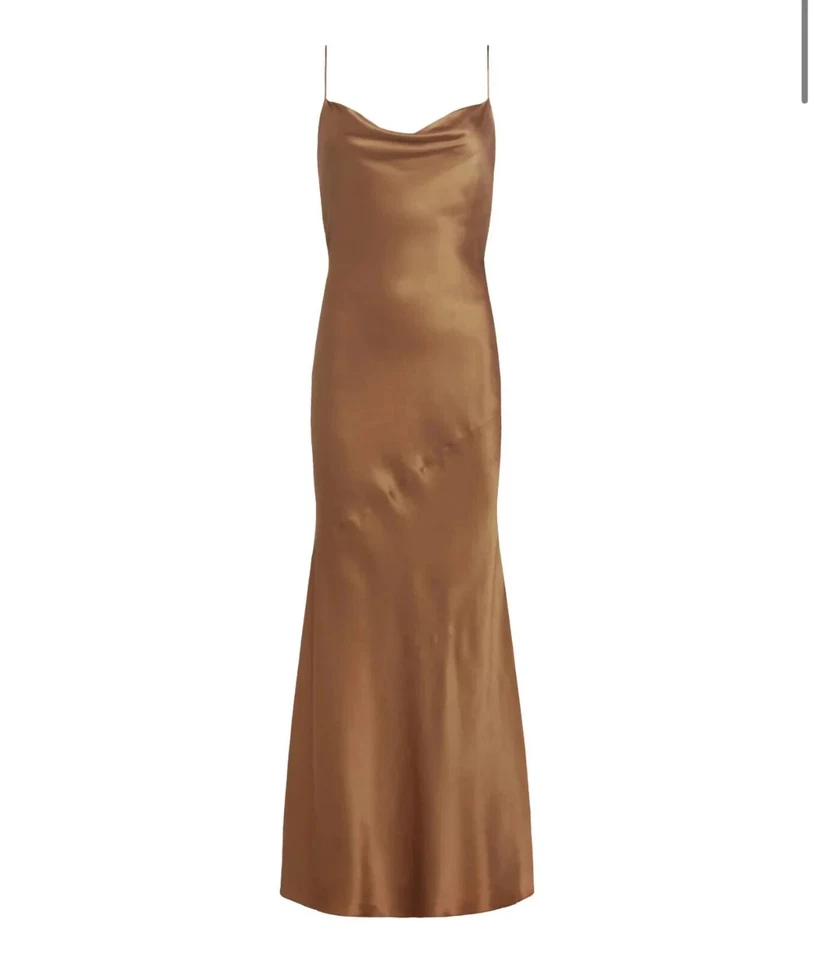 Vestido maxi L'AGENCE sela marrom bronzeado capuz corte viés seda Charmeuse Arianne 8 = M - Imagem 2 de 4