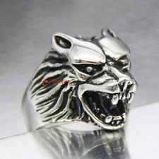 Men's 316L Stainless Steel Roaring Wolf Werewolf Head Ring Retro Silver/Black