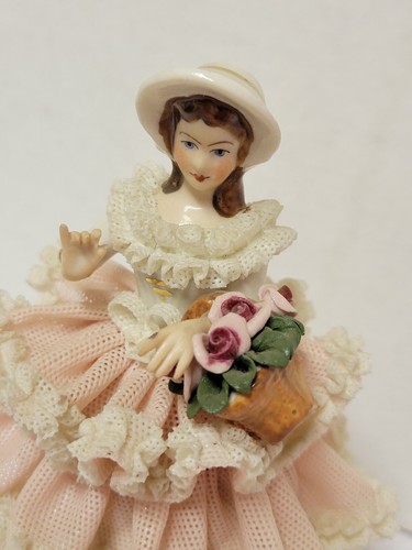 Vintage deutsche Dresdner Spitze & Porzellan Figur Karl Klette 4,75" rosa & weiß - Bild 2 von 9