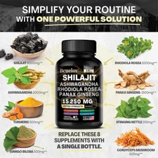 Shilajit, Ashwagandha, Rhodiola Rosea, Panax Ginseng; 8 in 1 Supplement-120 caps
