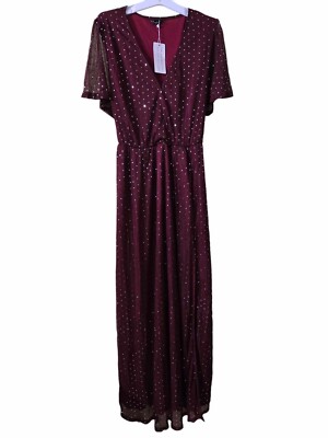 New Simplee sparkle long dress party guest tight bow red wine color size  Large | eBay