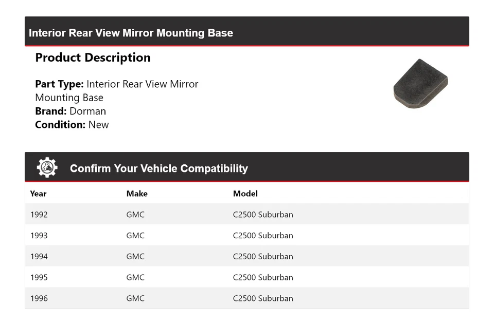 Base de montaje del espejo retrovisor interior para GMC C2500 Suburban Dorman 1992-1996 Foto 2 de 4
