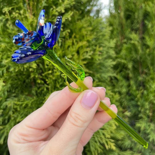 Blue Glass Flower Figurine Blown Sculpture | Glass Wall Decor Flower Arrangement - Picture 2 of 9