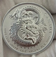 2019  1 oz RCM  .9999 Silver $5 Lucky Dragon High Relief BU in Capsule