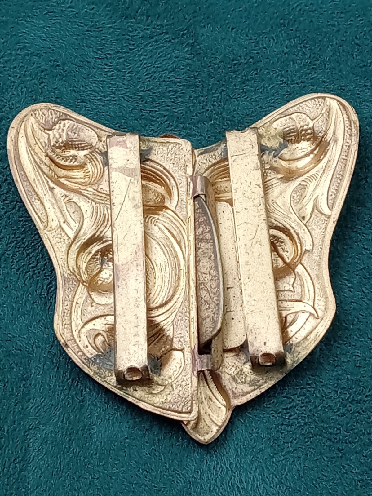 Rare Arts & Crafts Clip Buckle in Brass:  2.25" tall x 2.25" wide raised design