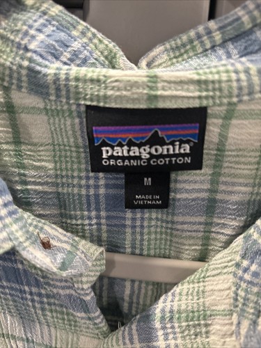 Patagonia Organic Cotton Shirt Men’s Size M Green Blue White Plaid Short Sleeves - Picture 2 of 9
