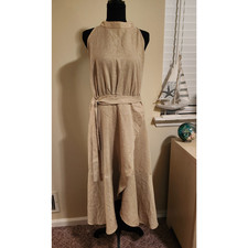 Halter High Neck Sleeveless Wrap Dress Luxury Resort Linen Look Chic 4XL Beige