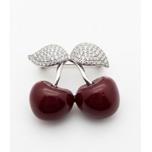 Authentic Elegant Gold Plated Apple Brooch Pin for Women Red Apples & White Crystals