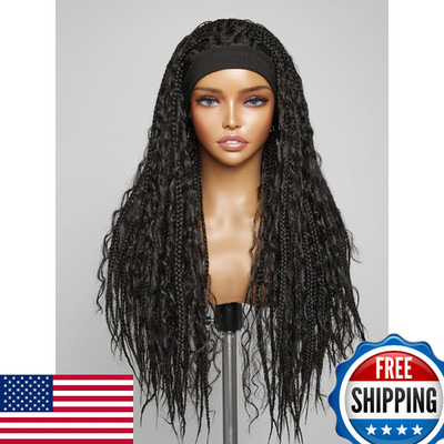GORGIUS Goddess Braided Headband Wig Curly Hair Black Synthetic Box Braid Wig wi
