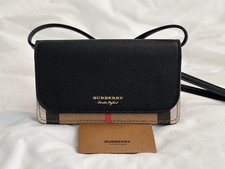 Burberry Vintage Check Crossbody Wallet Bag Black Leather Beige Tan