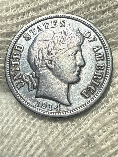 1914-D Barber Dime, Choice AU Silver 10c Original