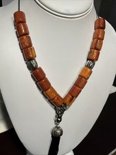 Rosary 17 beads Faux Bakelite Yellow Orange Tubular Swirls Beads Tassel Silver