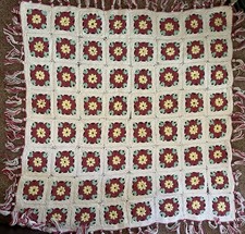 Vintage Granny Square Throw Quilt Blanket Crochet Green Red Yellow White 50 X31