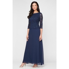 Alex Evenings Navy Blue Sequin Lace Chiffon Skirt Formal Gown 8