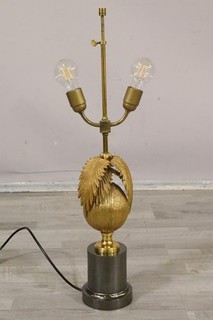 1v2 73cm Kokosnuss Palmen Tischlampe Metall vergoldet um 1970 (MVL5318)