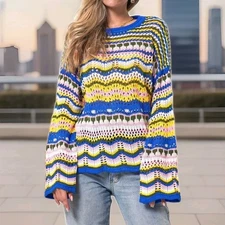 Cut Out Knitted Boho Sweater Pink, Blue, Yellow & White Size XL