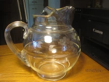 VTG GLASS BALL PITCHER RIBBED HANDLE ETCHED FRUIT PATTERN ICE LIP