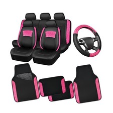 CAR PASS Universal Leather Pink Lace Car Seat Covers Full Set for Women Girls...