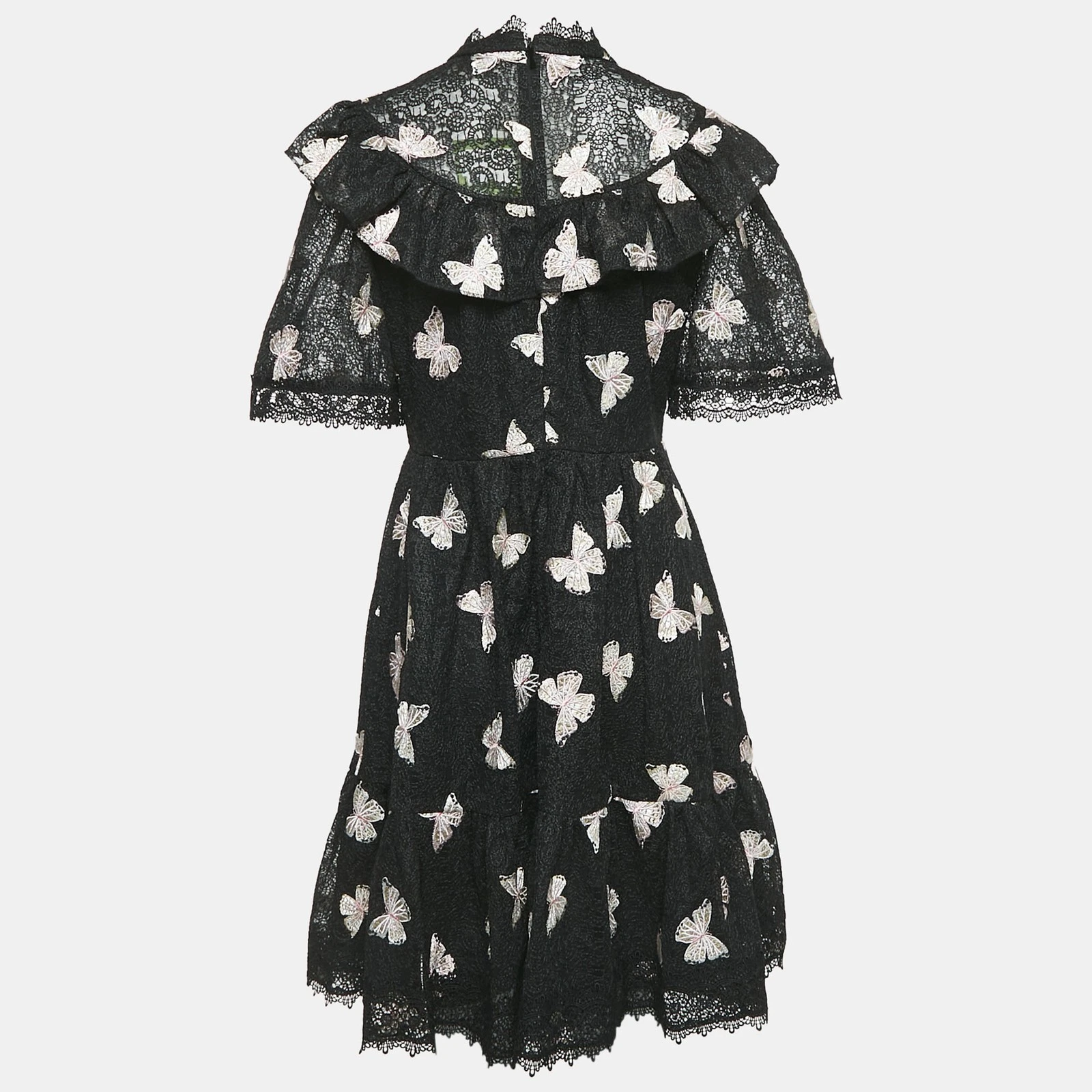 Abito corto Kate Spade nero con ricamo a farfalla in pizzo e volant M